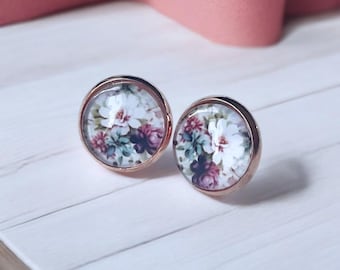 Orecchini a bottone a forma di fiore in acciaio inossidabile color oro rosa, rotondi