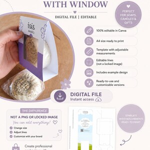 May include: A Canva editable template for a pocket favor box with a window. The design includes a sample box with a soap inside. Text on the template includes "Perfect for soaps, candles & gifts" and "Digital File | Editable".