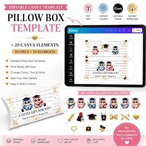 Pode incluir: Um modelo de caixa tipo almofada Canva editável com fundo de grão de madeira branca e duas corujas usando capelos de formatura. O texto diz A LITTLE GIFT FOR YOU! Educate inspire change lives. Inclui 20 elementos gráficos adicionais.