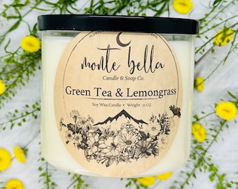 Green Tea & Lemongrass Candle | Scented Soy Wax Candle | 3 Wick Candle | 16oz Candle | Soy Candle | Natural Candle | Hand Poured | Farmhouse