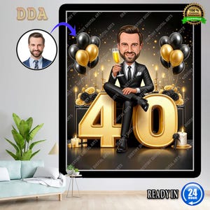 40e portrait de dessin animé d'homme personnalisé | Caricature du 40e anniversaire | Dessin animé d'anniversaire | Cadeau d'anniversaire personnalisé | Anniversaire d'un homme | Cadeau drôle