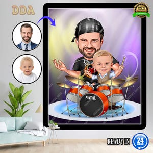 Custom drummer Cartoon Portrait, Couple Portrait, Couple Gift, Couple Caricature, Family Portrait, Custom Caricature, Anniversary Gift