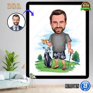 Arte mural de golf, retrato de golfista, regalo de golf para cumpleaños de hombres, ideas de regalo para papá golfista, regalo de jubilación de golf, caricatura de golfista masculino personalizada
