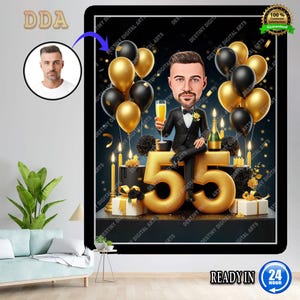 55e portrait de dessin animé d'homme personnalisé | Caricature du 55e anniversaire | Dessin animé d'anniversaire | Cadeau d'anniversaire personnalisé | Anniversaire d'un homme | Cadeau drôle