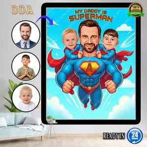 Personalisierte Super Mann Vater und Sohn, Tochter Superheld Cartoon Portrait, Benutzerdefinierte Superheld Karikatur Porträt, Geschenk für Papa, Super Dad,