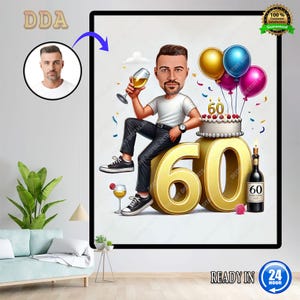 60e portrait de dessin animé d'homme personnalisé | Caricature du 60e anniversaire | Dessin animé d'anniversaire | Cadeau d'anniversaire personnalisé | Anniversaire d'un homme | Cadeau drôle