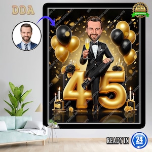 Benutzerdefinierte 45. Mann Cartoon Portrait | Karikatur zum 45. Geburtstag | Geburtstag Cartoon | Personalisierte Geburtstagsgeschenk | Geburtstag des Mannes | Lustiges Geschenk