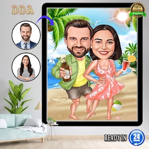 Custom Beach Couple Portrait, Couple Portrait, Couple Gift, Couple Caricature, Custom Caricature, Caricature from Photo, Couple Cartoon