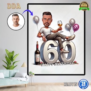 60e portrait de dessin animé d'homme personnalisé | Caricature du 60e anniversaire | Dessin animé d'anniversaire | Cadeau d'anniversaire personnalisé | Anniversaire d'un homme | Cadeau drôle