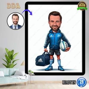 Caricatura divertente di un allenatore di rugby, ritratto di un allenatore personalizzato, disegno di una caricatura divertente di un allenatore di rugby da una foto, regalo di un allenatore di rugby