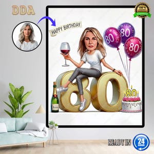 Retrato de desenho animado personalizado de 80º aniversário | Caricatura de 80º aniversário | Desenho de caricatura de feliz aniversário personalizado | Desenho animado de aniversário de 80º aniversário, Caricatura de aniversário
