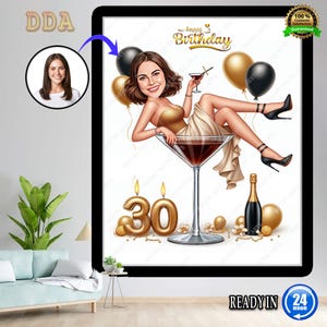 Caricatura per il 30° compleanno di una donna in abito marrone chiaro con regali, grafica personalizzata, idea regalo unica per la celebrazione del suo 30° compleanno.