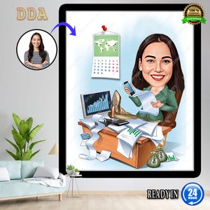 Big Boss Caricature for Woman , Business Woman Caricature, Funny Caricature, Personalized Gift, Mrs. Banker Caricature, Digital Download