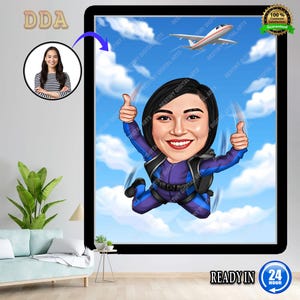 Personalized Skydiver Cartoon Portrait, Custom Skydiver Caricature Drawing from Photo, Funny Skydiver Caricature, Gift for Skydiver
