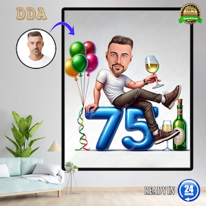 Ritratto personalizzato di un uomo per il 75° compleanno / Caricatura per il 75° compleanno / Fumetto di compleanno / Regalo di compleanno personalizzato / Compleanno dell'uomo / Regalo divertente