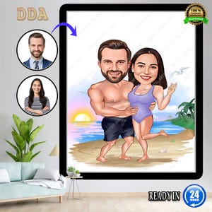 Custom beach couple Cartoon Portrait, Couple Portrait, Gift for Couple, Couple Caricature, Wedding Portrait, Custom Caricature, Couple