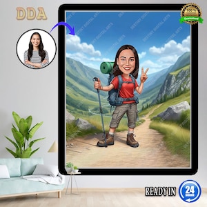 Retrato de senderismo personalizado, regalo para excursionistas, caricatura de senderismo, caricatura divertida de excursionista, excursionista personalizado