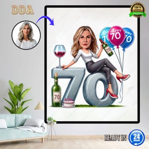 Retrato de caricatura personalizado de 70 años / Caricatura de 70 años / Dibujo de caricatura de feliz cumpleaños personalizado / Caricatura de 70 años, Caricatura de cumpleaños