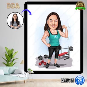Retrato de desenho animado de fitness personalizado, caricatura de levantadora de peso feminina, caricatura engraçada de fitness, desenho de desenho animado de levantadora de peso personalizado a partir de foto