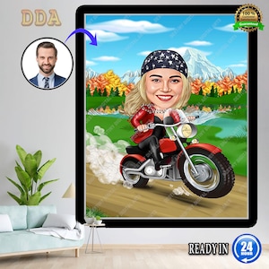 Personalisiertes weibliches Motorradfahrer-Karikatur-Porträt, Motorradfahrer-Porträt, Geschenk für Motorradfahrer, Motorradfahrer Karikatur, Karikatur