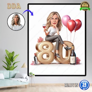 Retrato de desenho animado personalizado de 80º aniversário | Caricatura de 80º aniversário | Desenho de caricatura de feliz aniversário personalizado | Desenho animado de aniversário de 80º aniversário, Caricatura de aniversário