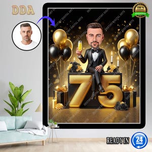 75e portrait de dessin animé d'homme personnalisé | Caricature du 75e anniversaire | Dessin animé d'anniversaire | Cadeau d'anniversaire personnalisé | Anniversaire d'un homme | Cadeau drôle
