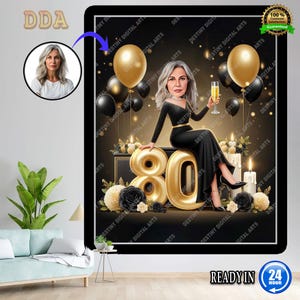Retrato de desenho animado personalizado de 80º aniversário | Caricatura de 80º aniversário | Desenho de caricatura de feliz aniversário personalizado | Desenho animado de aniversário de 80º aniversário, Caricatura de aniversário