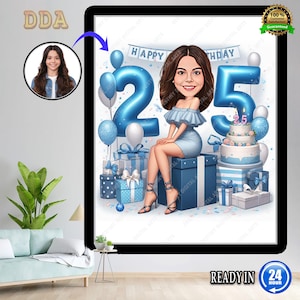 Retrato de desenho animado personalizado para 25º aniversário | Caricatura | Presente personalizado de caricatura de feliz aniversário de 25 anos com maquiagem, sacolas de compras e xícara de café