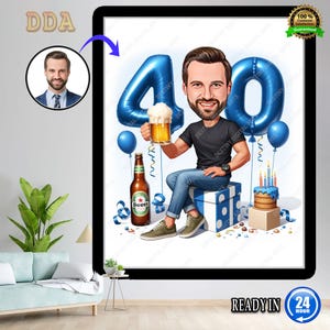 Kundenspezifische Karikatur: Geburtstag des 40-jährigen Mannes, leichter Geschäftsmann in Weiß, Geschenkthema mit blauen Akzenten, einzigartiges personalisiertes Kunstwerk