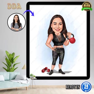 Benutzerdefinierte Fitness Cartoon Portrait, weibliche Gewichtheber Karikatur, lustige Fitness Karikatur, benutzerdefinierte Gewichtheber Cartoon Zeichnung vom Foto