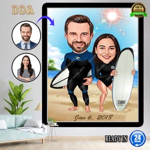 Custom Surfing Couple Cartoon Portrait, Couple Portrait, Couple Gift, Couple Caricature, Family Portrait, Custom Caricature, Anniversary,
