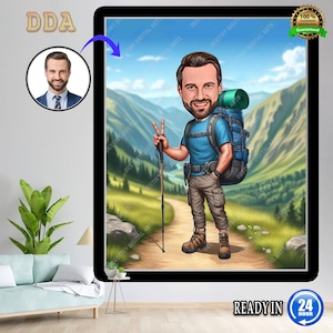 Retrato de senderismo personalizado, regalo para excursionistas, caricatura de senderismo, caricatura divertida de excursionista, excursionista personalizado