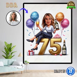 Retrato de desenho animado personalizado do 75º aniversário | Caricatura do 75º aniversário | Desenho de caricatura personalizado de feliz aniversário | Desenho animado do 75º aniversário, Caricatura de aniversário