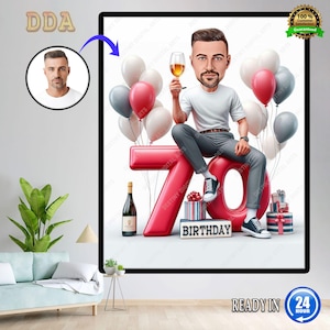 Retrato de desenho animado personalizado do 70º homem | Caricatura do 70º aniversário | Desenho animado de aniversário | Presente de aniversário personalizado | Aniversário do homem | Presente engraçado