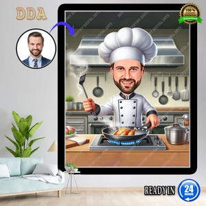Custom Male Chef Cartoon Portrait, Kitchen Caricature Drawing, Fun Cooking Gift for Him, Custom Culinary Art, Chef Uniform Cartoon