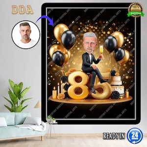 85e portrait de dessin animé d'homme personnalisé | Caricature du 85e anniversaire | Dessin animé d'anniversaire | Cadeau d'anniversaire personnalisé | Anniversaire d'un homme | Cadeau drôle