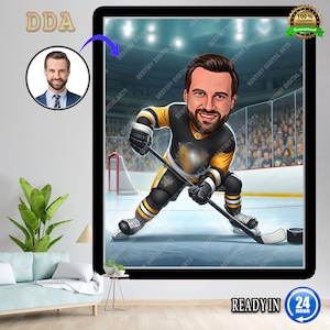 Disegno di caricatura di giocatore di hockey personalizzato, cartone animato da foto, disegno di ritratto di hockey personalizzato, arte digitale, bobblehead, regalo per lui