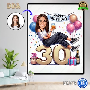 Caricatura per il 30° compleanno: donne trentenni in abiti azzurri con regali, cifra regalo celeste, ideale per le celebrazioni! Regalo unico e memorabile!
