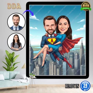 Retrato de pareja de superhéroes de dibujos animados personalizado, retrato de pareja de superhéroes, regalo para pareja de superhéroes, pareja de superhéroes divertida