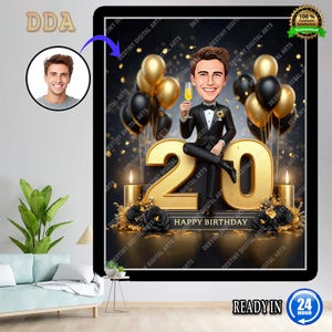 20e portrait de dessin animé d'homme personnalisé | Caricature du 20e anniversaire | Dessin animé d'anniversaire | Cadeau d'anniversaire personnalisé | Anniversaire d'un homme | Cadeau drôle