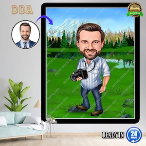 Personalized Traveler Caricature Drawing, Cartoon from Photo, Custom Hiking Portrait Drawing, Digital Art, Bobblehead, Gift for Him
