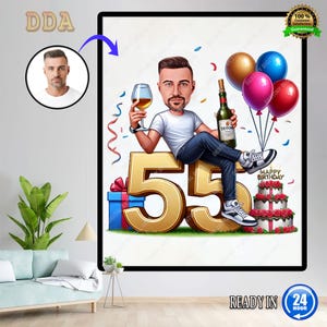 Retrato de desenho animado personalizado do 55º homem | Caricatura de aniversário de 55 anos | Desenho animado de aniversário | Presente de aniversário personalizado | Aniversário do homem | Presente engraçado