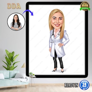personalized Woman doctor Cartoon Portrait, doctor Portrait, Gift for Female doctor, doctor Caricature from Photo, doctor&#39;s Gift