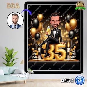 Karikatur zum 35. Geburtstag: Geschäftsmann in Gold mit Geschenk, perfekt, um einen Meilenstein mit Stil und Humor für einen 35-jährigen Mann zu feiern