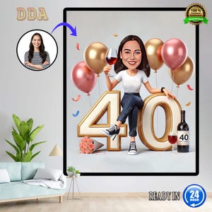 Caricatura per il 40° compleanno per donna, regalo di compleanno personalizzato per lei, caricatura personalizzata per donna, disegno caricatura da foto, digitale