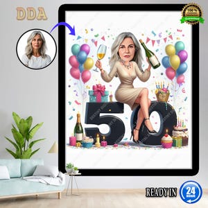 50. Geburtstag Karikatur für Frauen in hellbraunem Kleid, mit Geschenken, schwarzer Geschenkkunst, individuell und einzigartig, perfekt für ihre besondere Feier
