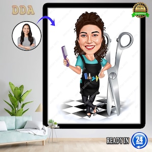 Custom Woman Hairdresser Cartoon Portrait, Female Hairdresser Caricature from Photo, Hairdresser Caricature Gift, Female Barber Cartoon Art