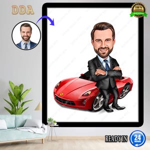 Caricatura personalizzata di un uomo d&#39;affari con un&#39;auto di lusso - Ritratto esecutivo personalizzato in regalo per lui. Celebrazione del successo, arte di lusso per uno stile di vita