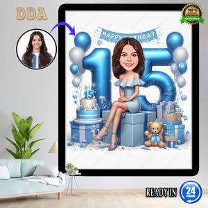 15° compleanno, caricatura per ragazza, in abito azzurro, con regali, arte regalo blu, arte personalizzata unica, perfetta per il suo giorno speciale