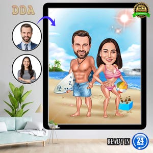 Custom Beach Couple Portrait, Couple Portrait, Couple Gift, Couple Caricature, Custom Caricature, Caricature from Photo, Couple Cartoon